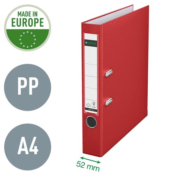 Leitz Qualitäts-Ordner 180° Plastik, 10er Pack, das Original, DIN A4 Aktenordner 5 cm schmal, 90% Recycling-Karton, 30% Pre-Consumer Recycling-Kunststoff, Mit 180° Mechanik, 350 Blatt, Rot, 10151025