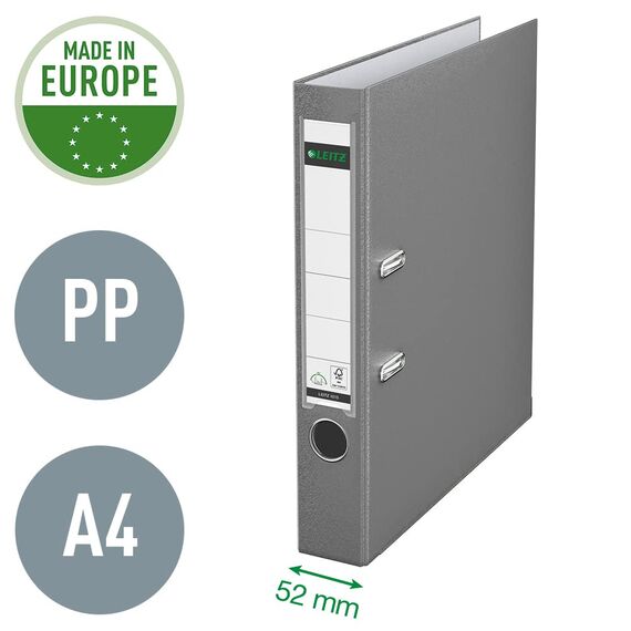 Leitz Qualitäts-Ordner 180° Plastik, 10er Pack, das Original, DIN A4 Aktenordner 5 cm schmal, 90% Recycling-Karton, 30% Pre-Consumer Recycling-Kunststoff, Mit 180° Mechanik, 350 Blatt, Grau, 10151085