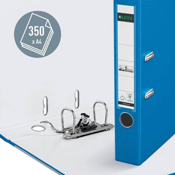 Leitz Qualitäts-Ordner 180° Plastik, das Original, A4 Aktenordner 5 cm schmal, 90% Recycling-Karton, 30% Pre-Consumer Recycling-Kunststoff, Mit 180° Mechanik, 350 Blatt Kapazität, Hellblau, 10155030