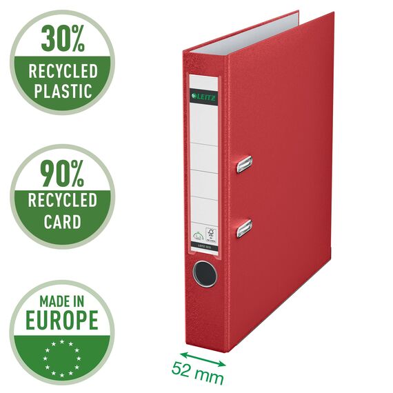 Leitz Qualitäts-Ordner 180° Plastik, das Original, DIN A4 Aktenordner 5 cm schmal, 90% Recycling-Karton, 30% Pre-Consumer Recycling-Kunststoff, Mit 180° Mechanik, 350 Blatt Kapazität, Rot, 10155025