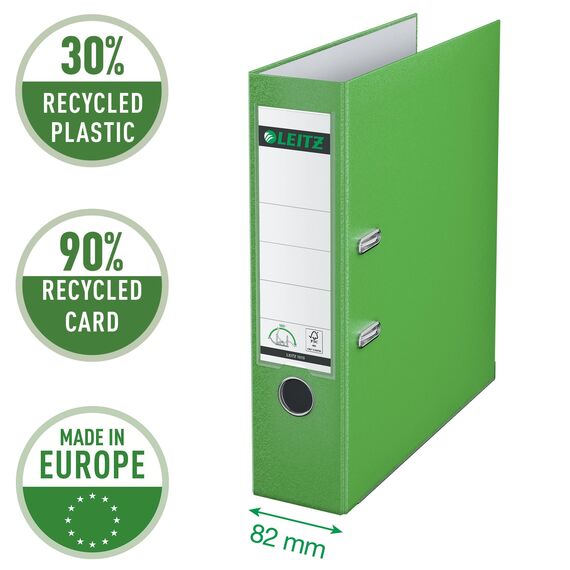Leitz Qualitäts-Ordner 180° Plastik, das Original, A4 Aktenordner 8 cm breit, 90% Recycling-Karton, 30% Pre-Consumer Recycling-Kunststoff, Mit 180° Mechanik, 600 Blatt Kapazität, Hellgrün, 10105050