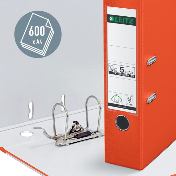 Leitz Qualitäts-Ordner 180° Plastik, 20er Pack, A4, Hellrot, 8,2 cm Rückenbreite, PP-laminierter Einband, 10105020