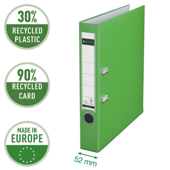 Leitz Qualitäts-Ordner 180° Plastik, das Original, A4 Aktenordner 5 cm schmal, 90% Recycling-Karton, 30% Pre-Consumer Recycling-Kunststoff, Mit 180° Mechanik, 350 Blatt Kapazität, Hellgrün, 10155050