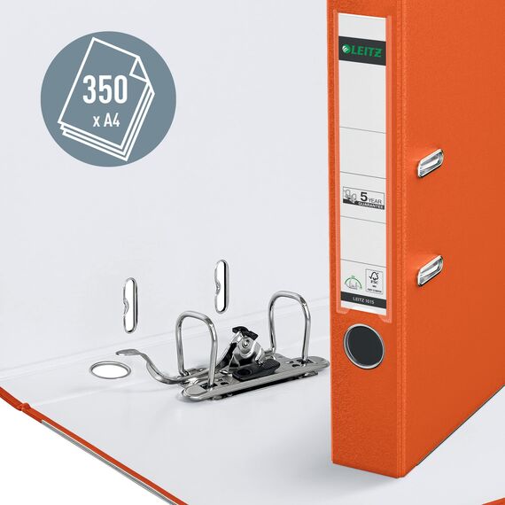 Leitz Qualitäts-Ordner 180° Plastik, das Original, DIN A4 Aktenordner 5 cm schmal, 90% Recycling-Karton, 30% Pre-Consumer Recycling-Kunststoff, Mit 180° Mechanik, 350 Blatt Kapazität, Orange, 10155045