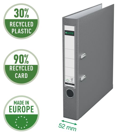 Leitz Qualitäts-Ordner 180° Plastik, das Original, DIN A4 Aktenordner 5 cm schmal, 90% Recycling-Karton, 30% Pre-Consumer Recycling-Kunststoff, Mit 180° Mechanik, 350 Blatt Kapazität, Grau, 10155085