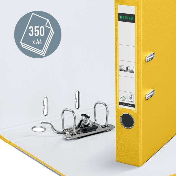 Leitz Qualitäts-Ordner 180° Plastik, das Original, DIN A4 Aktenordner 5 cm schmal, 90% Recycling-Karton, 30% Pre-Consumer Recycling-Kunststoff, Mit 180° Mechanik, 350 Blatt Kapazität, Gelb, 10155015