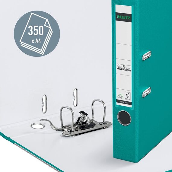Leitz Qualitäts-Ordner 180° Plastik, das Original, DIN A4 Aktenordner 5 cm schmal, 90% Recycling-Karton, 30% Pre-Consumer Recycling-Kunststoff, Mit 180° Mechanik, 350 Blatt Kapazität, Türkis, 10155052