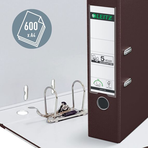 Leitz Qualitäts-Ordner 180° Plastik, das Original, DIN A4 Aktenordner 8 cm breit, 90% Recycling-Karton, 30% Pre-Consumer Recycling-Kunststoff, Mit 180° Mechanik, 600 Blatt Kapazität, Braun, 10105075