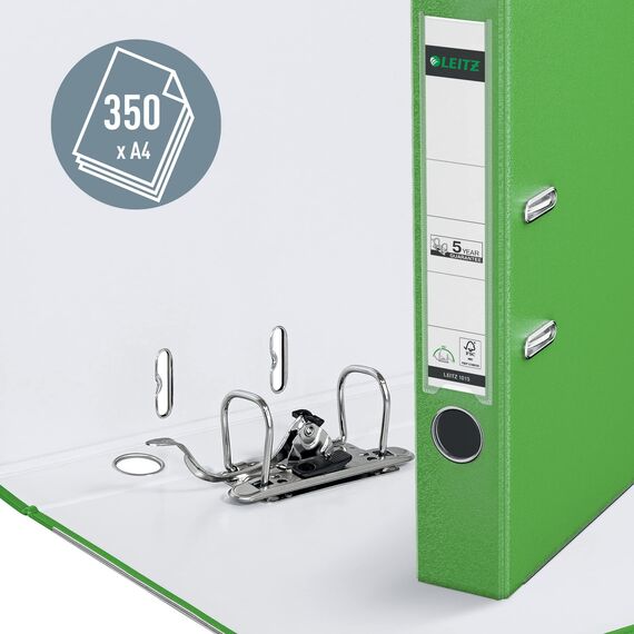 Leitz Qualitäts-Ordner 180° Plastik, das Original, A4 Aktenordner 5 cm schmal, 90% Recycling-Karton, 30% Pre-Consumer Recycling-Kunststoff, Mit 180° Mechanik, 350 Blatt Kapazität, Hellgrün, 10155050