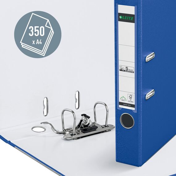 Leitz Qualitäts-Ordner 180° Plastik, das Original, DIN A4 Aktenordner 5 cm schmal, 90% Recycling-Karton, 30% Pre-Consumer Recycling-Kunststoff, Mit 180° Mechanik, 350 Blatt Kapazität, Blau, 10155068