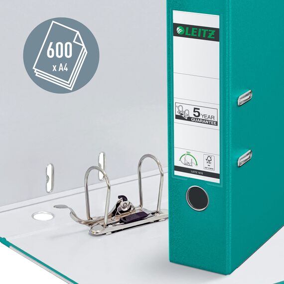 Leitz Qualitäts-Ordner 180° Plastik, das Original, DIN A4 Aktenordner 8 cm breit, 90% Recycling-Karton, 30% Pre-Consumer Recycling-Kunststoff, Mit 180° Mechanik, 600 Blatt Kapazität, Türkis, 10105052