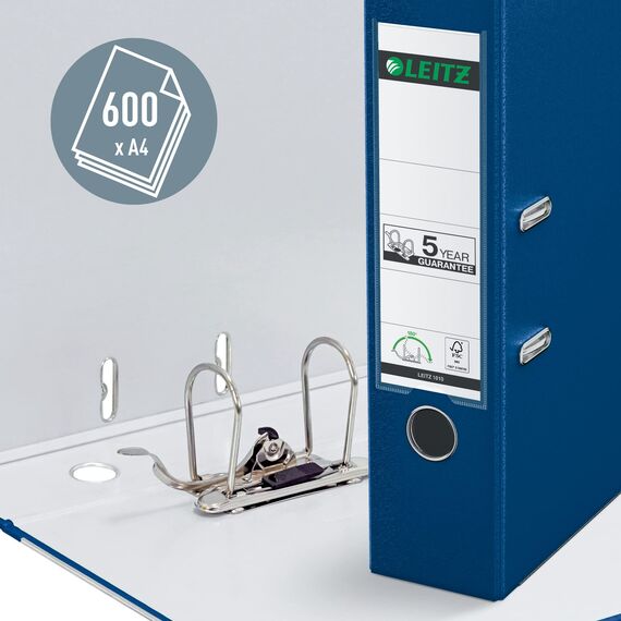 Leitz Qualitäts-Ordner 180° Plastik, das Original, DIN A4 Aktenordner 8 cm breit, 90% Recycling-Karton, 30% Pre-Consumer Recycling-Kunststoff, Mit 180° Mechanik, 600 Blatt Kapazität, Blau, 10105035