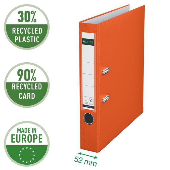 Leitz Qualitäts-Ordner 180° Plastik, das Original, DIN A4 Aktenordner 5 cm schmal, 90% Recycling-Karton, 30% Pre-Consumer Recycling-Kunststoff, Mit 180° Mechanik, 350 Blatt Kapazität, Orange, 10155045