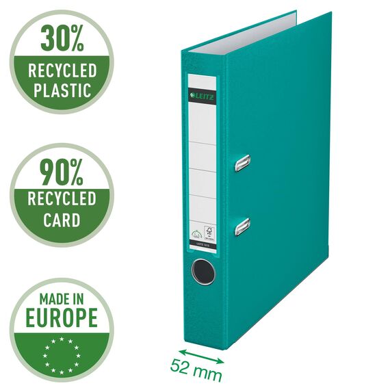 Leitz Qualitäts-Ordner 180° Plastik, das Original, DIN A4 Aktenordner 5 cm schmal, 90% Recycling-Karton, 30% Pre-Consumer Recycling-Kunststoff, Mit 180° Mechanik, 350 Blatt Kapazität, Türkis, 10155052