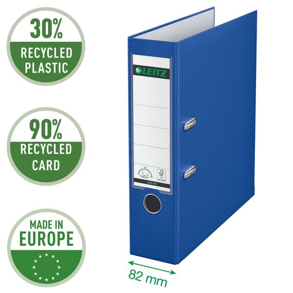 Leitz Qualitäts-Ordner 180° Plastik, das Original, DIN A4 Aktenordner 8 cm breit, 90% Recycling-Karton, 30% Pre-Consumer Recycling-Kunststoff, Mit 180° Mechanik, 600 Blatt Kapazität, Blau, 10105068