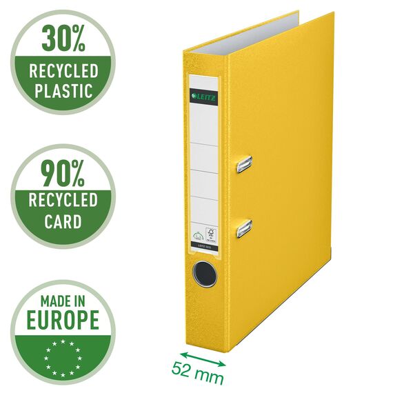 Leitz Qualitäts-Ordner 180° Plastik, das Original, DIN A4 Aktenordner 5 cm schmal, 90% Recycling-Karton, 30% Pre-Consumer Recycling-Kunststoff, Mit 180° Mechanik, 350 Blatt Kapazität, Gelb, 10155015