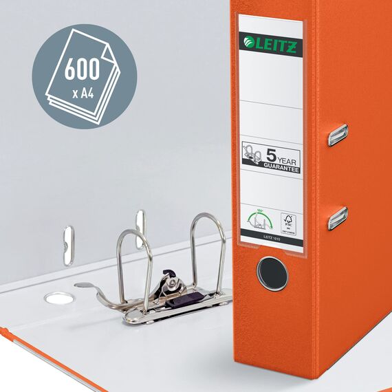 Leitz Qualitäts-Ordner 180° Plastik, das Original, DIN A4 Aktenordner 8 cm breit, 90% Recycling-Karton, 30% Pre-Consumer Recycling-Kunststoff, Mit 180° Mechanik, 600 Blatt Kapazität, Orange, 10105045