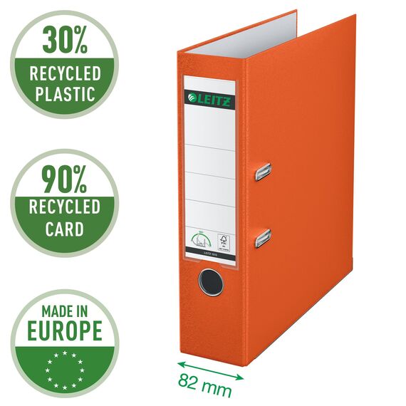 Leitz Qualitäts-Ordner 180° Plastik, 20er Pack, das Original, DIN A4 Aktenordner 8 cm breit, 90% Recycling-Karton, 30% Pre-Consumer Recycling-Kunststoff, Mit 180° Mechanik, 600 Blatt, Orange, 10105045