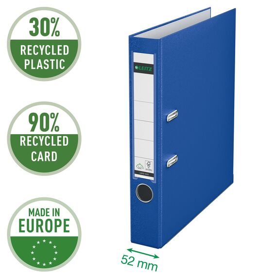 Leitz Qualitäts-Ordner 180° Plastik, das Original, DIN A4 Aktenordner 5 cm schmal, 90% Recycling-Karton, 30% Pre-Consumer Recycling-Kunststoff, Mit 180° Mechanik, 350 Blatt Kapazität, Blau, 10155068