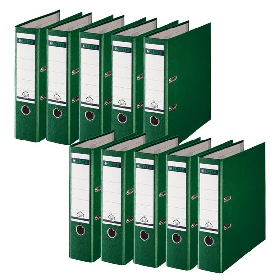 Leitz Qualitäts-Ordner 180° Plastik, 10er Pack, das Original, DIN A4 Aktenordner 8 cm breit, 90% Recycling-Karton, 30% Pre-Consumer Recycling-Kunststoff, Mit 180° Mechanik, 600 Blatt, Grün, 10101055