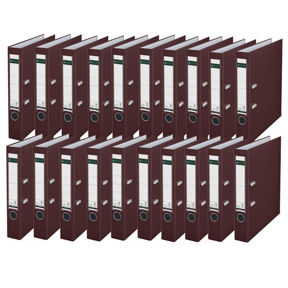 Leitz Qualitäts-Ordner 180° Plastik, 20er Pack, A4, Schmal, Braun, 5,2 cm Rückenbreite, PP-laminierter Einband, 10155075