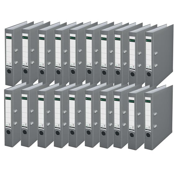 Leitz Qualitäts-Ordner 180° Plastik, 20er Pack, das Original,DIN A4 Aktenordner 5,2 cm, schmal, Kunststoff-Ordner mit PP-laminiertem Einband, Mit 180° Mechanik, Grau, 10155085