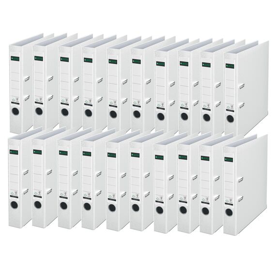 Leitz Qualitäts-Ordner 180° Plastik, 20er Pack, das Original, DIN A4 Aktenordner 5,2 cm, schmal, Kunststoff-Ordner mit PP-laminiertem Einband, Mit 180° Mechanik, Weiß, 10155001