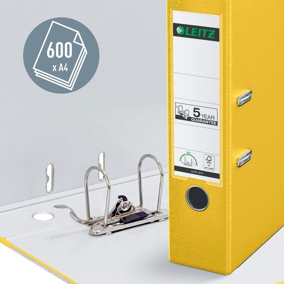 Leitz Qualitäts-Ordner 180° Plastik, das Original, DIN A4 Aktenordner 8 cm breit, 90% Recycling-Karton, 30% Pre-Consumer Recycling-Kunststoff, Mit 180° Mechanik, 600 Blatt Kapazität, Gelb, 10105015