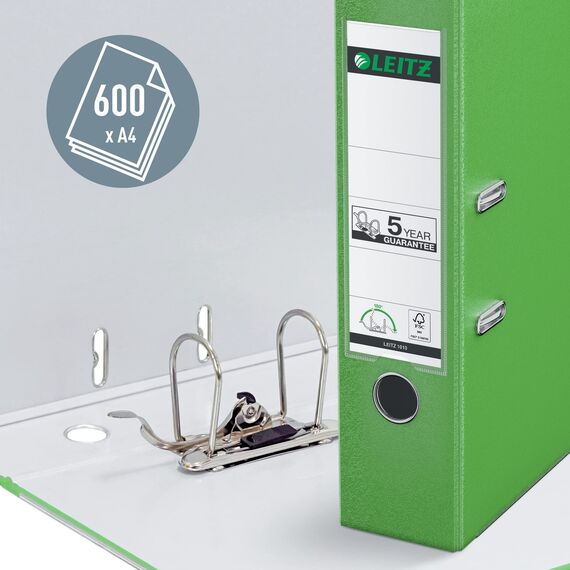 Leitz Qualitäts-Ordner 180° Plastik, das Original, A4 Aktenordner 8 cm breit, 90% Recycling-Karton, 30% Pre-Consumer Recycling-Kunststoff, Mit 180° Mechanik, 600 Blatt Kapazität, Hellgrün, 10105050