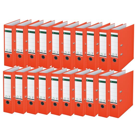 Leitz Qualitäts-Ordner 180° Plastik, 20er Pack, A4, Hellrot, 8,2 cm Rückenbreite, PP-laminierter Einband, 10105020
