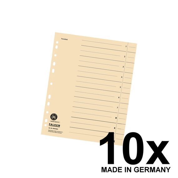 Original Falken 10er Pack Trennblätter. Made in Germany. Aus Recycling-Karton für DIN A4 hellchamois Trennlaschen Trennblätter Ordner Register Kalender Blauer Engel