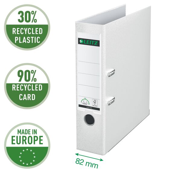Leitz Qualitäts-Ordner 180° Plastik, 10er Pack, das Original, DIN A4 Aktenordner 8 cm breit, 90% Recycling-Karton, 30% Pre-Consumer Recycling-Kunststoff, Mit 180° Mechanik, 600 Blatt, Weiß, 10101001