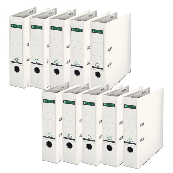 Leitz Qualitäts-Ordner 180° Plastik, 10er Pack, das Original, DIN A4 Aktenordner 8 cm breit, 90% Recycling-Karton, 30% Pre-Consumer Recycling-Kunststoff, Mit 180° Mechanik, 600 Blatt, Weiß, 10101001