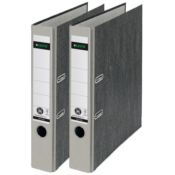 Leitz Qualitäts-Ordner 180°, A4, 100% recycelter Karton, Schmal, 5,2 cm Rückenbreite, Wolkenmarmor-Papier (Schmal, Grau, 2 Stück)