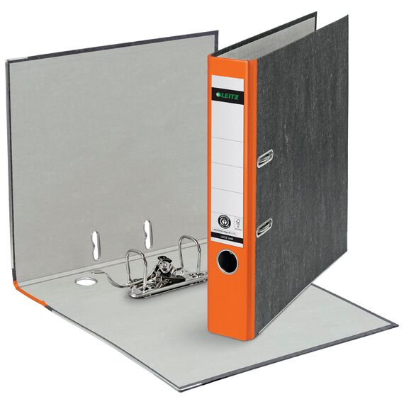 Leitz Qualitäts-Ordner, das Original, DIN A4 Aktenordner 8 cm breit, Wolkenmarmor-Papier, Recycling-Ordner, Blauer Engel, Mit 180° Mechanik, Höchste Stabilität (Schmal, Orange, 5 Stück)