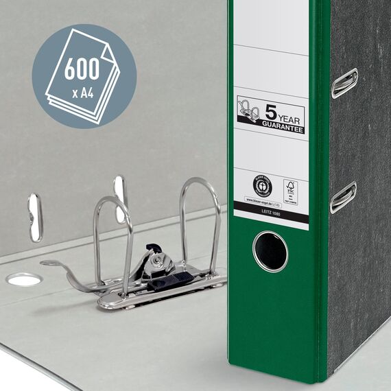 Leitz Qualitäts-Ordner 180°, 20er Pack, A4, 100 Prozent recycelter Karton, 8 cm Rückenbreite, Wolkenmarmor-Papier, Grüner Rücken, 10805055
