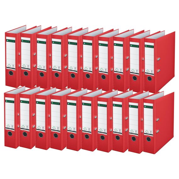 Leitz Qualitäts-Ordner 180° Plastik, 20er Pack, das Original, DIN A4 Aktenordner 8 cm breit, 90% Recycling-Karton, 30% Pre-Consumer Recycling-Kunststoff, Mit 180° Mechanik, 600 Blatt, Rot, 10105025