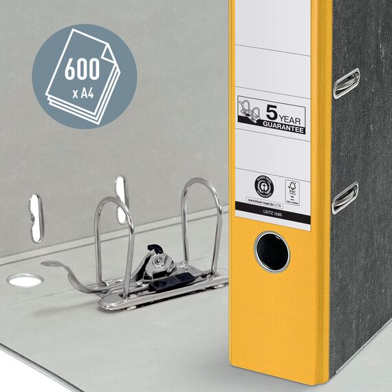 Leitz Qualitäts-Ordner 180°, 20er Pack, A4, 100 Prozent recycelter Karton, 8 cm Rückenbreite, Wolkenmarmor-Papier, Gelber Rücken, 10805015