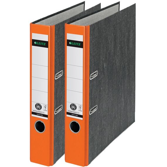 Leitz Qualitäts-Ordner 180°, A4, 100% recycelter Karton, Schmal, 5,2 cm Rückenbreite, Wolkenmarmor-Papier (Schmal, Orange, 2 Stück)
