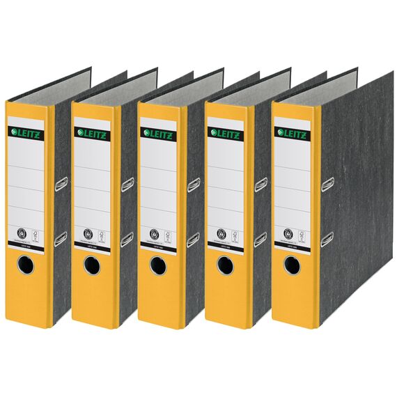 Leitz Qualitäts-Ordner, das Original, DIN A4 Aktenordner 8 cm breit, Wolkenmarmor-Papier, Recycling-Ordner, Blauer Engel, Mit 180° Mechanik, Höchste Stabilität (Breit, Gelb, 5 Stück)