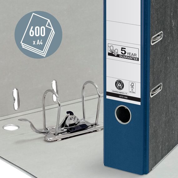 Leitz Qualitäts-Ordner 180°, 10er Pack, A4, klimaneutral, 100 % recycelter Karton, 8 cm Rückenbreite, Wolkenmarmor-Papier, Blauer Rücken, 10801035