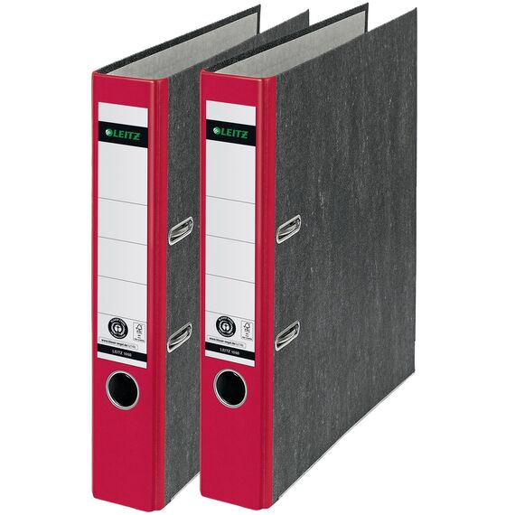 Leitz Qualitäts-Ordner 180°, A4, 100% recycelter Karton, Schmal, 5,2 cm Rückenbreite, Wolkenmarmor-Papier (Schmal, Rot, 2 Stück)