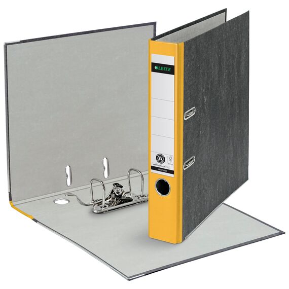 Leitz Qualitäts-Ordner 180°, A4, 100% recycelter Karton, Schmal, 5,2 cm Rückenbreite, Wolkenmarmor-Papier (Schmal, Gelb, 2 Stück)