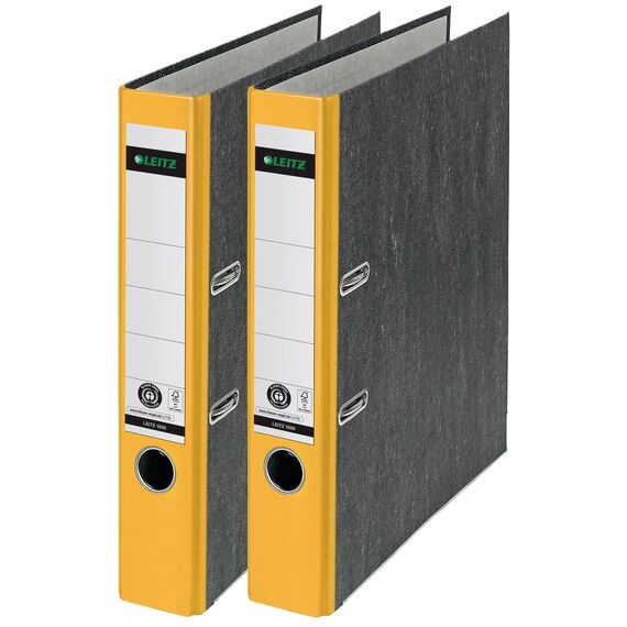 Leitz Qualitäts-Ordner 180°, A4, 100% recycelter Karton, Schmal, 5,2 cm Rückenbreite, Wolkenmarmor-Papier (Schmal, Gelb, 2 Stück)