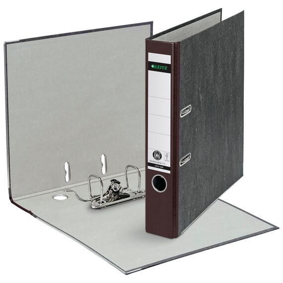 Leitz Qualitäts-Ordner, das Original, DIN A4 Aktenordner 8 cm breit, Wolkenmarmor-Papier, Recycling-Ordner, Blauer Engel, Mit 180° Mechanik, Höchste Stabilität (Schmal, Braun, 5 Stück)