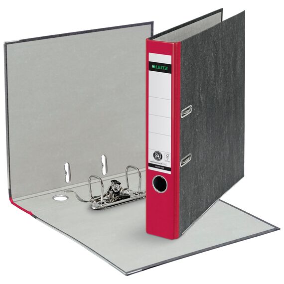 Leitz Qualitäts-Ordner, das Original, DIN A4 Aktenordner 8 cm breit, Wolkenmarmor-Papier, Recycling-Ordner, Blauer Engel, Mit 180° Mechanik, Höchste Stabilität (Schmal, Rot, 5 Stück)