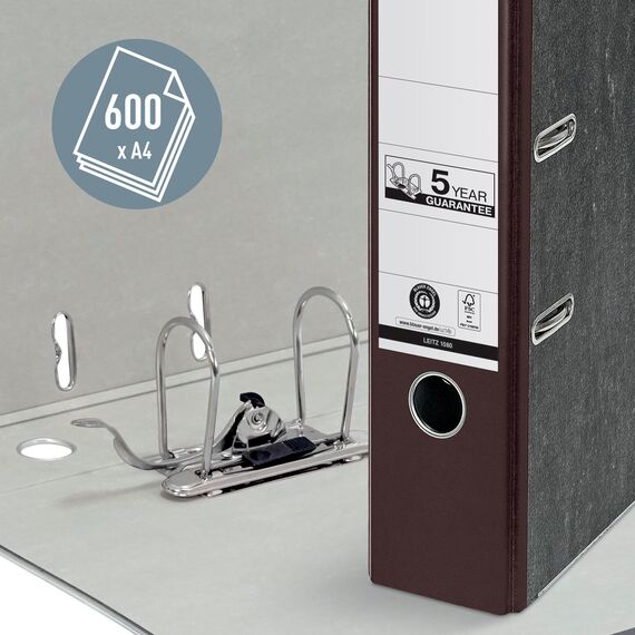 Leitz Qualitäts-Ordner, das Original, DIN A4 Aktenordner 8 cm breit, Wolkenmarmor-Papier, Recycling-Ordner, Blauer Engel, Mit 180° Mechanik, Höchste Stabilität (Breit, Braun, 10 Stück)