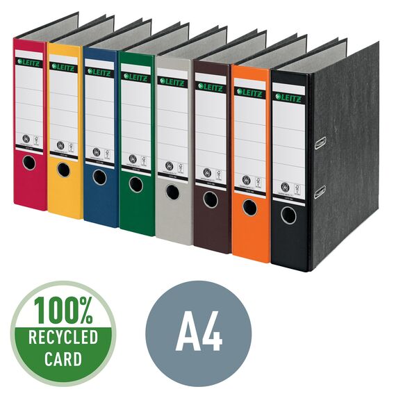 Leitz Qualitäts-Ordner 180°, 20er Pack, A4, 100 Prozent recycelter Karton, 8 cm Rückenbreite, Wolkenmarmor-Papier, Gelber Rücken, 10805015