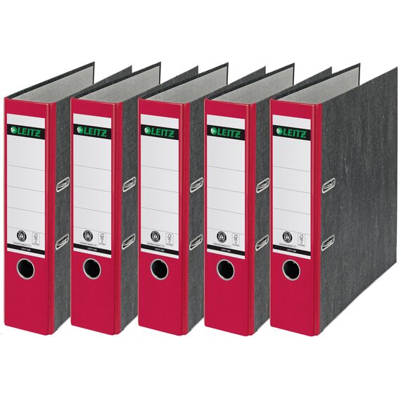 Leitz Qualitäts-Ordner, das Original, DIN A4 Aktenordner 8 cm breit, Wolkenmarmor-Papier, Recycling-Ordner, Blauer Engel, Mit 180° Mechanik, Höchste Stabilität (Breit, Rot, 5 Stück)