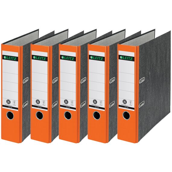 Leitz Qualitäts-Ordner, das Original, DIN A4 Aktenordner 8 cm breit, Wolkenmarmor-Papier, Recycling-Ordner, Blauer Engel, Mit 180° Mechanik, Höchste Stabilität (Breit, Orange, 5 Stück)